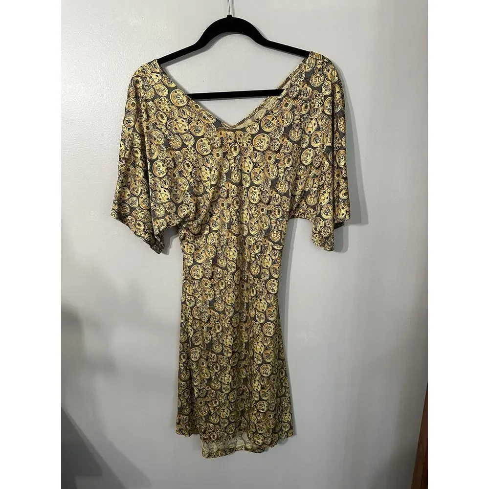 Kathy‎ Kemp Anna Women's Dress Sz2 Brown Coin Design Cinch Waist Flutter Sleeve